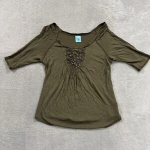 HIP Happy in the Present Top Women L Blouse Hippie Green Made in USA Vtg Boho